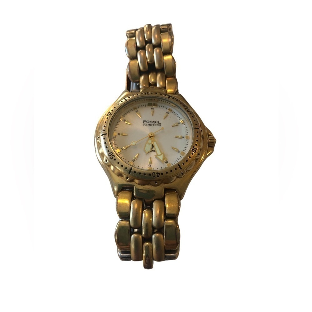 VTG Fossil Blue 50 Meters AM3117 Gold Tone Diver’s Watch Water Resistant Defect